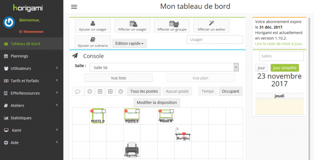 Tableau de bord - Vue plan - Horigami